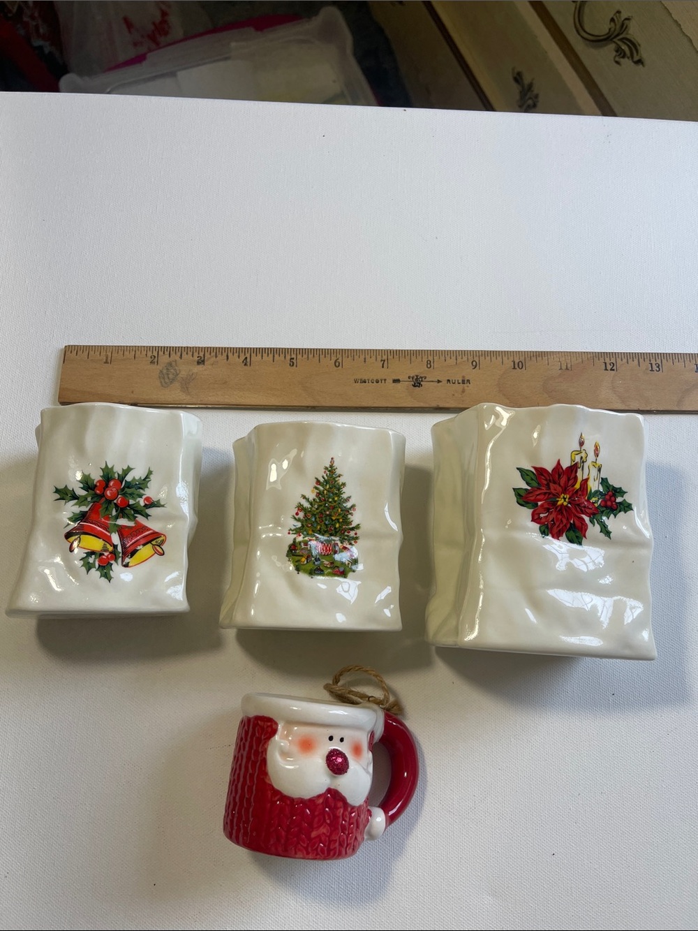 Ceramic Holiday Votive Trio with Santa Mug Ornament - White and Red
